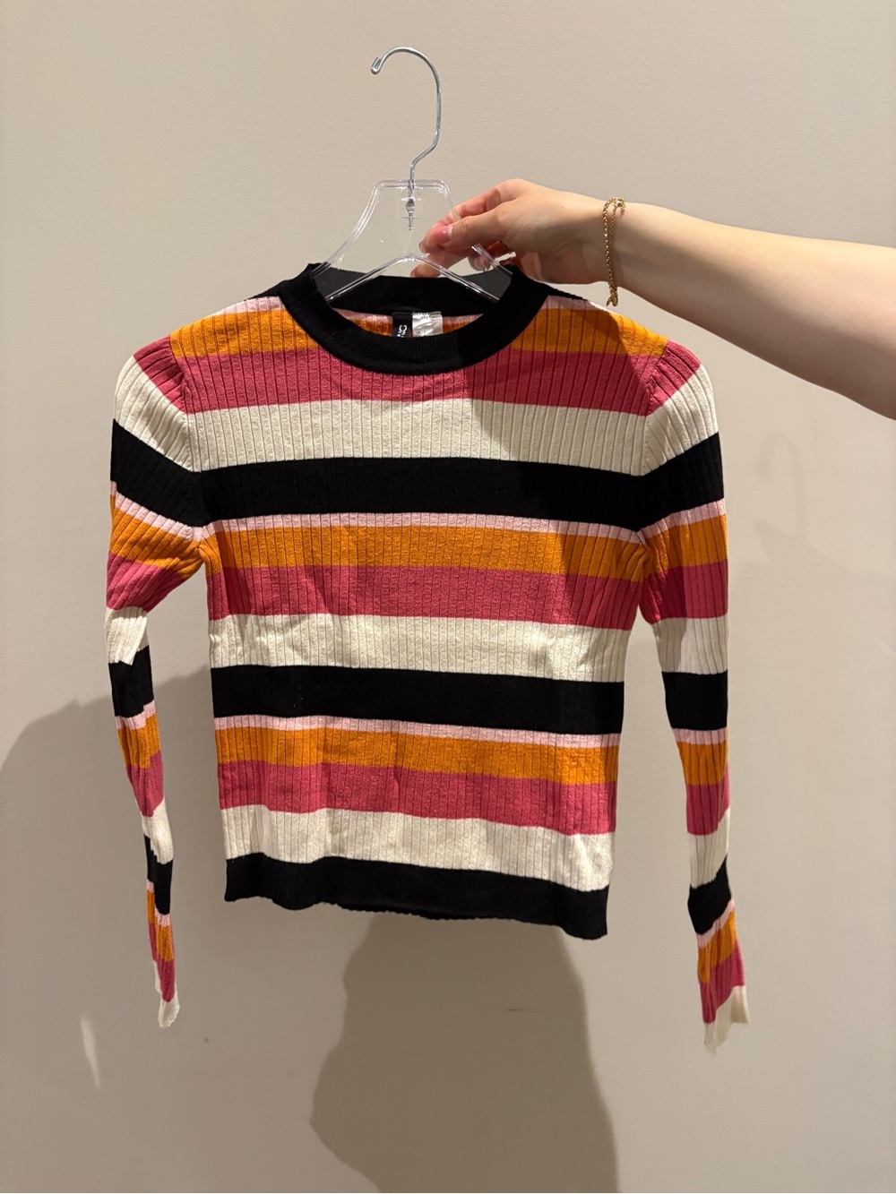 H&M Striped Ribbed Long-Sleeve Top in Pink, Orange, Black & Cream